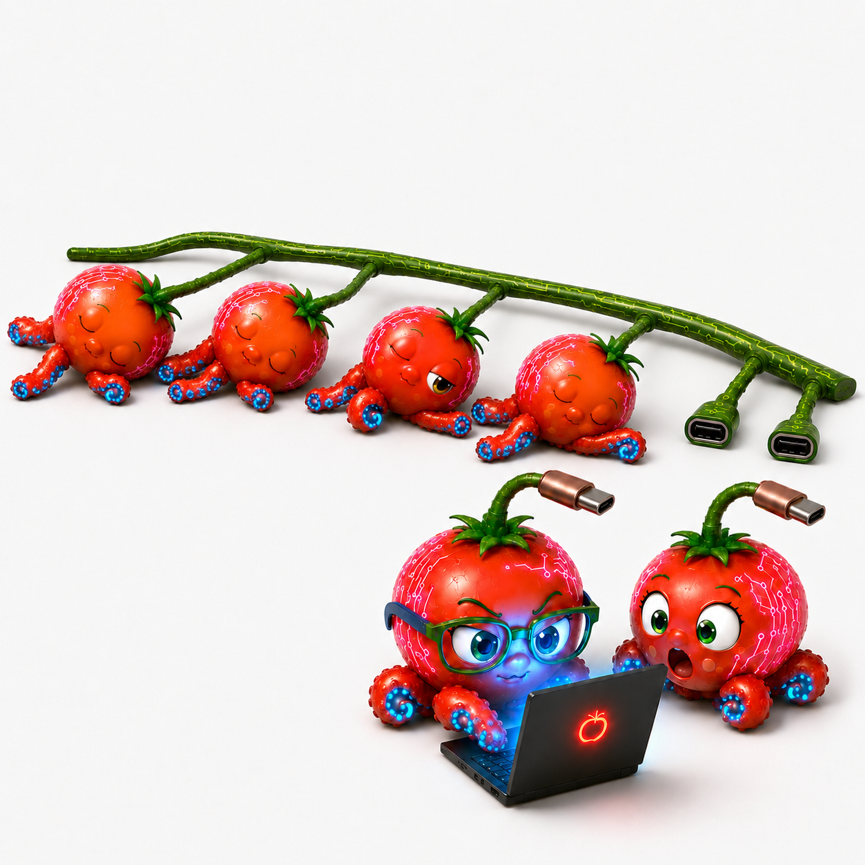 Multomato familie-illustratie met meerdere tomaat-mascottes aan een groene kabel en aan een laptop