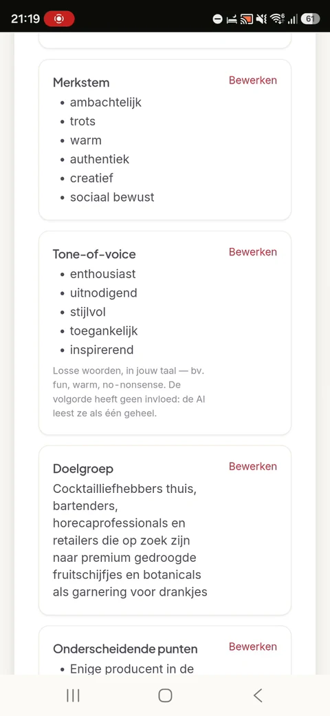 The complete FruCare brand profile on mobile, including brand style and target audience